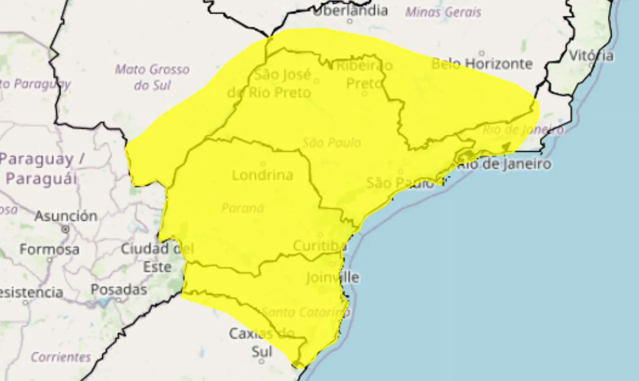 Alerta amarelo para tempestade e ventania em partes do Sul, Sudeste e Centro-Oeste